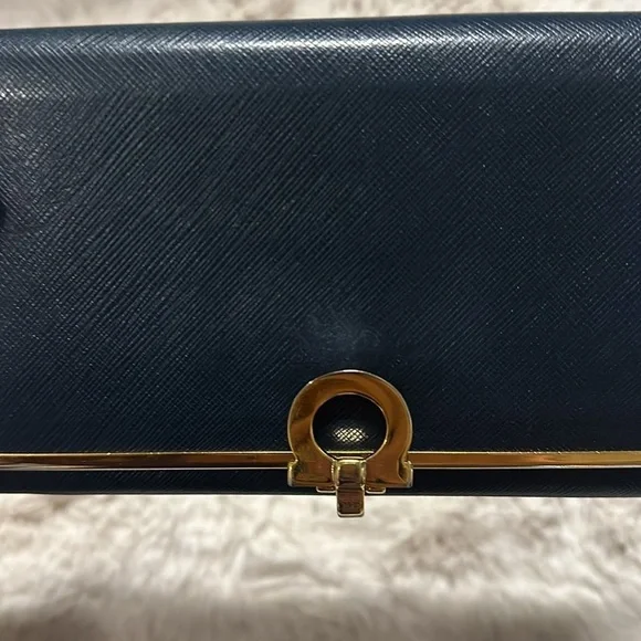 Salvatore Ferragamo Navy Blue Leather Gancini Bit Continental Long Wallet - Picture 2 of 9